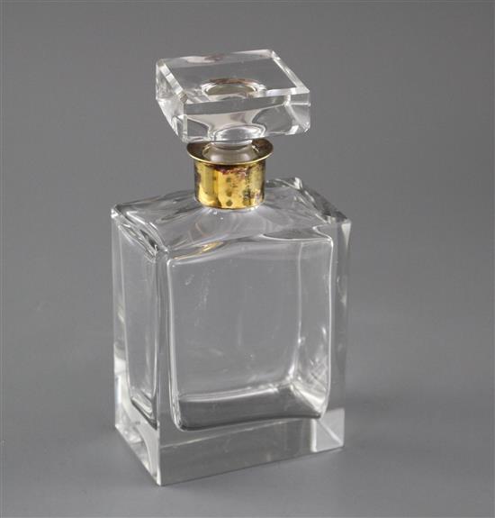 A 1970s silver gilt collared glass rectangular decanter and stopper, marks rubbed, London, 1974, height, 22cm.